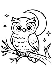 Fototapeta premium Black and white vector owl sitting on tree branch at night with stars and moon, perfect for engraving, print, logos, book illustrations