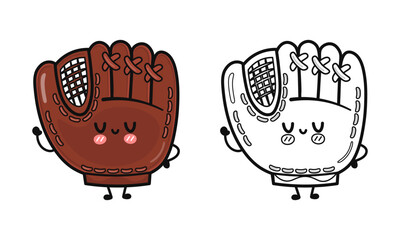 Cartoon Baseball Glove character smiling, showing fully colored and black and white outline design for creative coloring projects