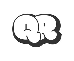 QR logo, bubble comic lettering, rounded in graffiti style black and white silhouette. Trendy preschool Q and R letter text for festival party, personal initials, children funky print and web.