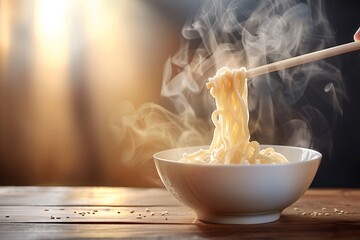 Elegant presentation of a steaming bowl of noodles with chopsticks on a rustic wooden table