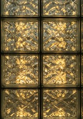 Illuminated Glass Block Wall - Close-up of a backlit glass block wall, showcasing intricate patterns and warm light
