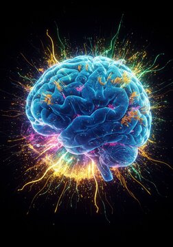 Illuminated Mind: Brainpower and Creativity - A vibrant of a human brain exploding with colorful energy, symbolizing creativity, intelligence, and mental power