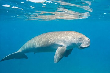 Fototapeta premium Underwater photo of a dugong swimming peacefully in the ocean. Ideal for marine life, wildlife conservation, and ocean biodiversity content. Captures the beauty of sea creatures in the wild.