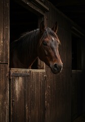 Majestic Horse in Stable - A beautiful brown horse peers from its stable stall, dark wood background