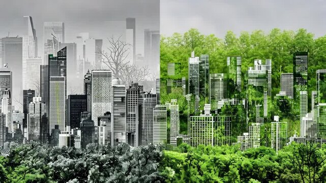 Skyline shifting from gray to green, representing the journey towards carbon neutrality and a greener urban environment. Carbon reduction
