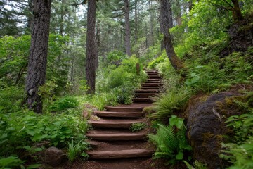 Wooden steps lead up a lush forest path surrounded by tall trees and vibrant green foliage.