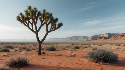 Obraz premium Joshua Tree National Park desert landscape with trees and rocks under a sunny sky