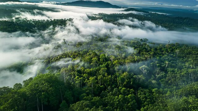 A sea of clouds hovers over a vast forest, showcasing nature's crucial role in carbon capturing and storage for a healthier planet. Carbon reduction