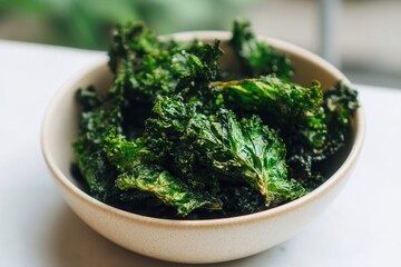 A bowl of crispy kale chips sits on a white surface, ready to be enjoyed as a healthy snack.