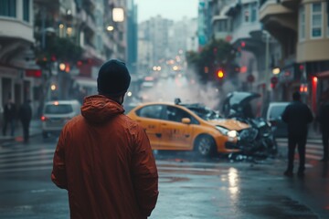 Obraz premium a man looks from the side at an accident on the road