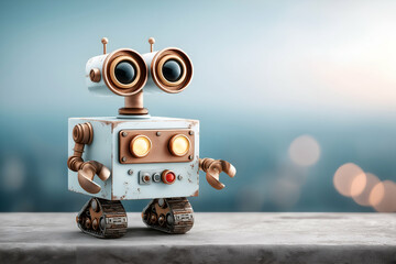 Fototapeta premium Cute Vintage Robot Standing with City Background and Bokeh Lights, Technology and Futuristic Bokeh Concept
