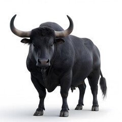Powerful Black Bull in Full View Against a White Background