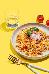 Spaghetti bolognese with tomato sauce, basil and parmesan cheese on yellow background