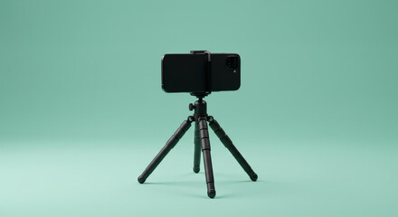 Phone on Tripod for Video Recording - Black smartphone mounted on a small black tripod against a teal background. Perfect for vlogging, video calls or recording