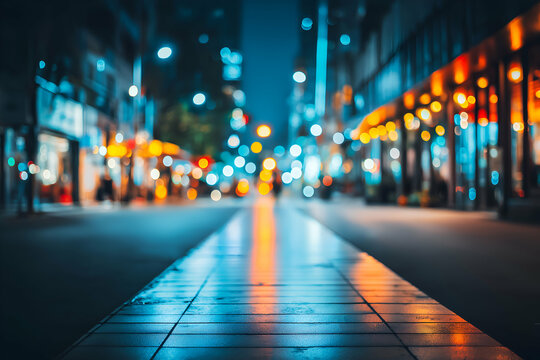 Walking Along City Street at Night with Glowing Lights Reflection, Miscellaneous Creative Bokeh Concept