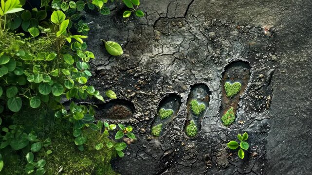 Green footprints on the ground, representing footsteps towards a lower carbon future and a commitment to sustainability. Carbon reduction