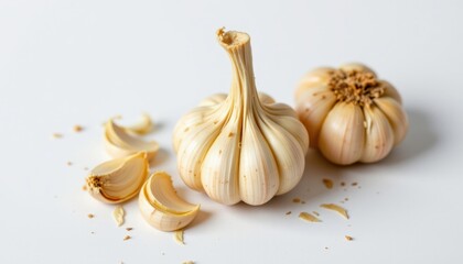 Two garlic bulbs and some cloves on a white background. One bulb is whole, the other is partially separated