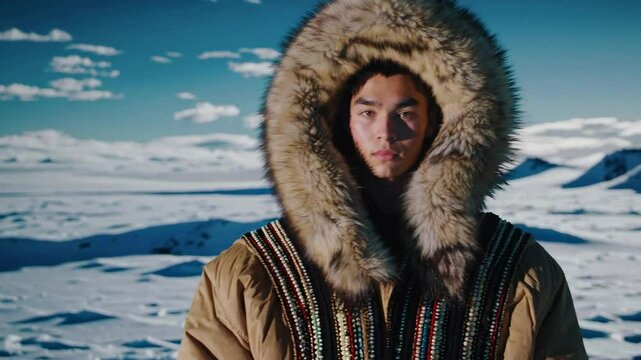 Young Inuit man stands in a snowy landscape, wearing a fur-lined parka and has dark hair. The background features mountains and a clear blue sky. Indigenous people heritage, First Nations of Canada