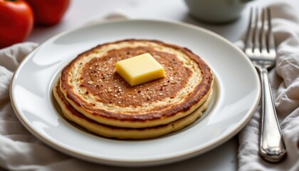 Delicious stack of pancakes topped with a pat of butter on a white plate. It's a classic breakfast treat