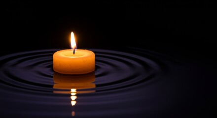 Serene Candlelight Reflection on Water - A single candle floats serenely on dark water, its gentle light reflected, symbolizing peace, hope, tranquility, remembrance, and inner calm