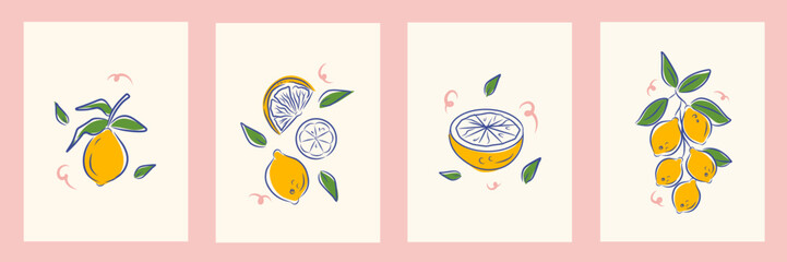 Citrus fruits abstract poster set. Contemporary print with hand drawn lemon, fruit slice and leaves. Dolce vita aesthetics. Italian summer vacation. Elegant design for card, banner, menu, cover.