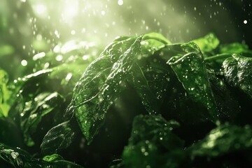Mycie świeżych liści szpinaku, krople wody, światło, zieleń, makrofotografia