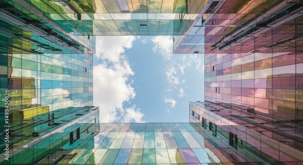 Poster skyward view of modern architecture - looking up at a modern glass building complex, reflecting the 