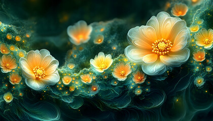 Glowing floral cascade with ethereal teal undertones, a dreamy, fantasy-inspired landscape