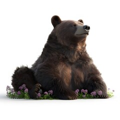 Serene Grizzly Bear Resting Amongst Purple Flowers on White Back