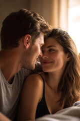 Happy couple with eye contact and romantic embrace on bedroom enjoy moment and love passion. Caring, Love, Support, Trust, Bonding and romance together. Loving couple on bed
