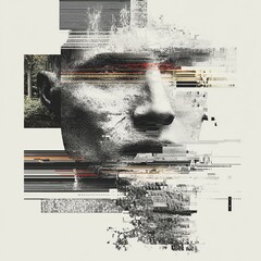 Surreal Glitch Portrait of Fragmented Human Face with Digital Noise and Static Distortion