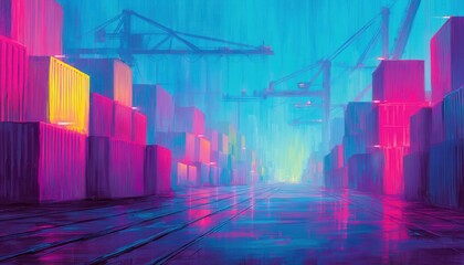 Neonowe miasto kontenerów, abstrakcyjny port morski