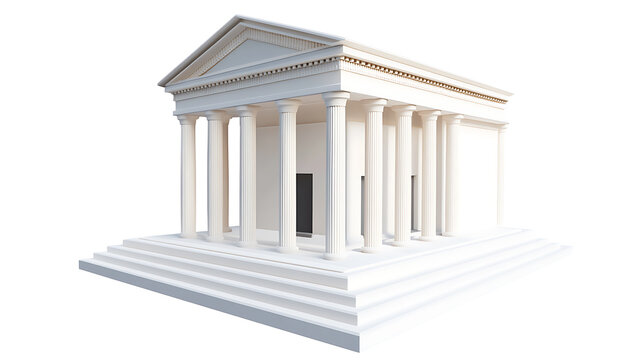 Classical Temple: An architectural rendering of a white building with classical design elements, including columns and steps, set against a bright, isolated backdrop.