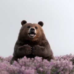 Fototapeta premium Smiling Brown Bear Amidst Delicate Pink Flowers