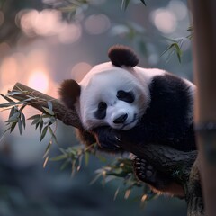 Obraz premium Sleepy Panda Napping on a Branch at Sunset
