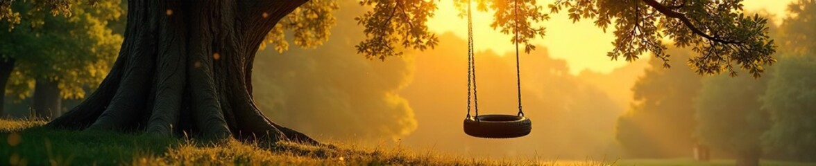 A lone tire swing hangs from a thick, gnarled tree branch, swaying gently in the breeze, leaves rustling in the background, bathed in golden sunlight , calm, shadow