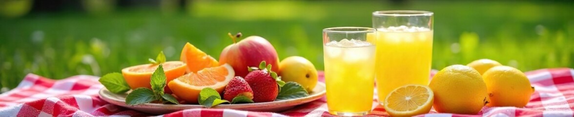 Fototapeta premium A cheerful picnic scene with vibrant summer fruits and lemonade, perfect for a mini summer getaway Enjoy the sunshine and simple pleasures , holiday, watermelon, picnic