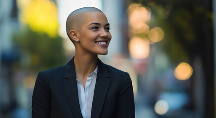 Profissional feminina confiante com a cabeça raspada em um terno elegante, olhando para o lado com uma expressão feliz, ambiente urbano
