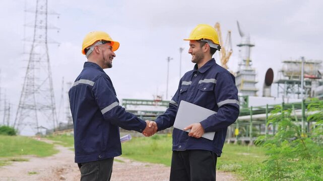 Engineer worker hand shaking to colleagues team for success work at construction site of petroleumchemical industry or refinery oil plant factory