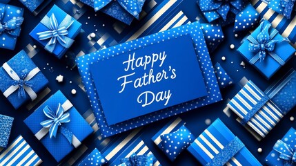 Men's holiday advertising template features a vector illustration of a Happy Father's Day banner with blue gift boxes, mustache, tie, and paper-cut text on a striped background, suitable for greeting 