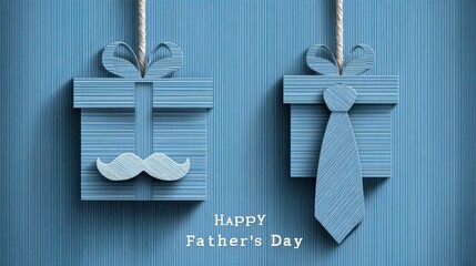 Vector design template for men's holiday celebrations: blue gift boxes, a mustache, a tie, and paper-cut "Happy Father's Day" text on a striped background, suitable for greeting cards, posters, or fly