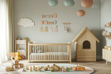 Kids room with wooden toys, house-shaped crib and pastel colors