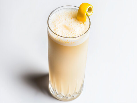 Um gin fizz em um copo alto com uma rodela de lim&atilde;o sobre um fundo branco