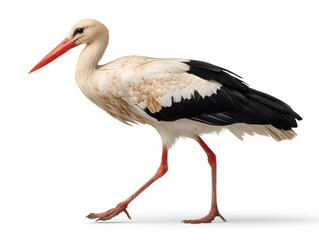 Fototapeta premium A stork is walking elegantly, displaying its distinctive black and white feathers along with a long red beak