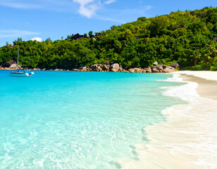 Serene Tropical Beach Paradise Azure Waters, White Sands, Lush Greenery