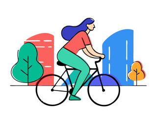 Woman riding bicycle through a vibrant park, surrounded by colorful trees and abstract shapes, showcasing a healthy lifestyle and outdoor activity in a playful illustration