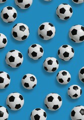 Vibrant Soccer Ball Pattern on Blue - A lively design featuring many soccer balls arranged in a dynamic pattern against a bright blue backdrop. Symbolizing sport, competition, teamwork