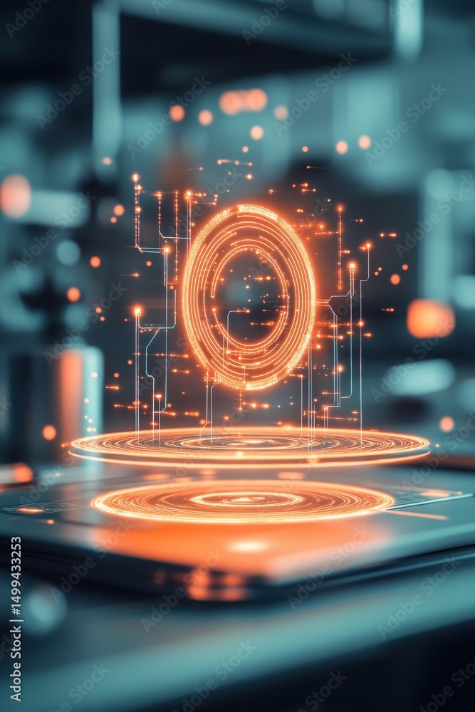 Poster glowing circles connect to surface. orange light beams and dots represent networks. futuristic techn