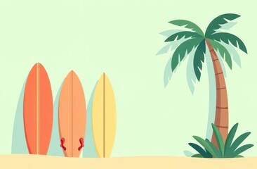 Surf boards on wall with palm tree. Copy space. Template. Design