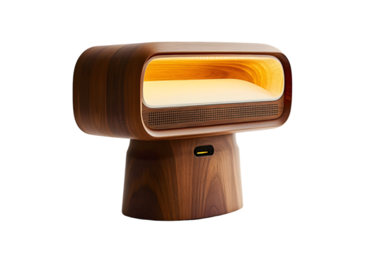 Mid-century modern style wooden illuminated display case with a warm light interior